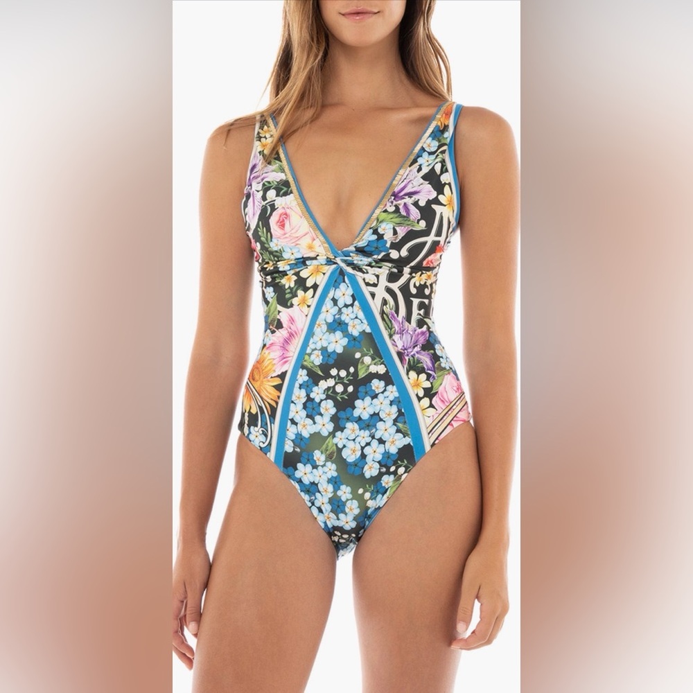 Agua Bendita NWT Billyโ Dreamin One-Piece Swimsuit Blue Floral Beaded Sz Large